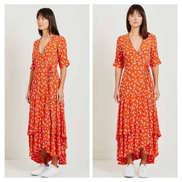 [Ganni] Silvery Crepe V-Neck Floral Print Wrap Red Apple Maxi Dress Size Large L - Picture 1 of 14